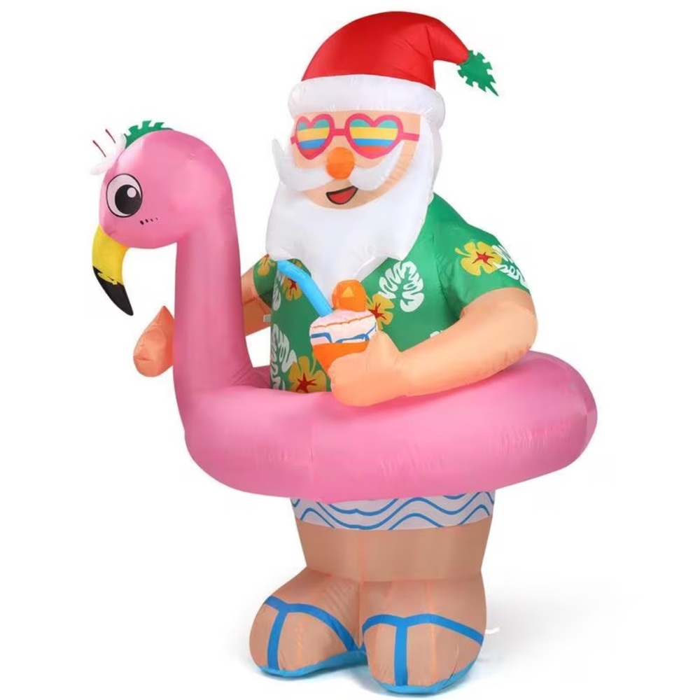 Inflatable Light Up Festive Tropical Santa Pink Flamingo Pool Float Lawn Decor